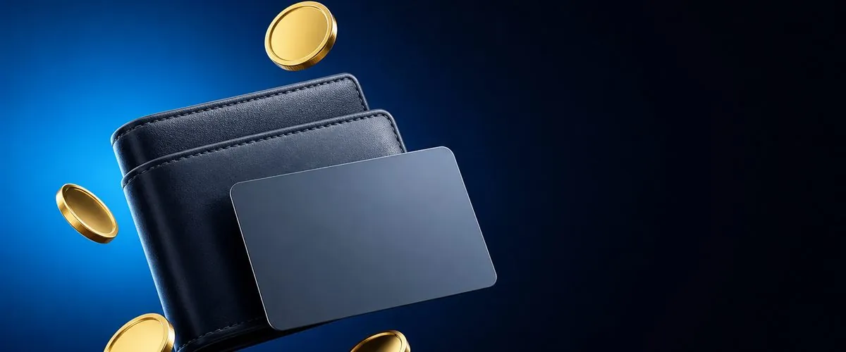 Cartera con una tarjeta y monedas